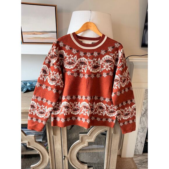 Cara Cara Floral Fair Isle Wool Sweater‎ Women Rust Orange Medium - Picture 2 of 8